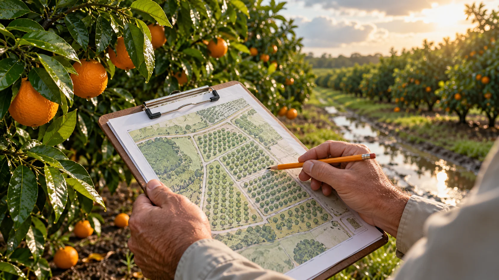 Hands reviewing an orchard map and recording crop conditions